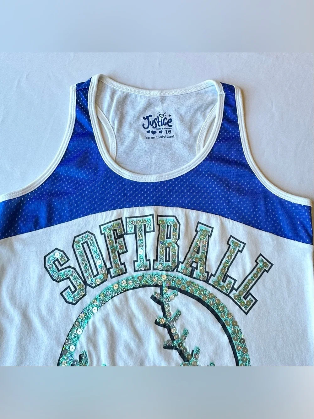 Justice Girls Tank Top Softball Blue White Glitter Aqua Sequins 2012 Size 16